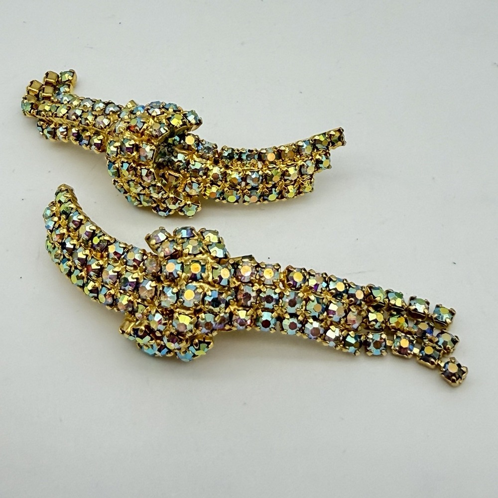 Vintage Signed Musi AB Rhinestone Shoe Clips Gold Tone Dangle Fringe Sparkly